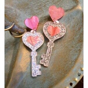 Sparkly Silver Keys Pink Hearts inside Above Dangle Earrings